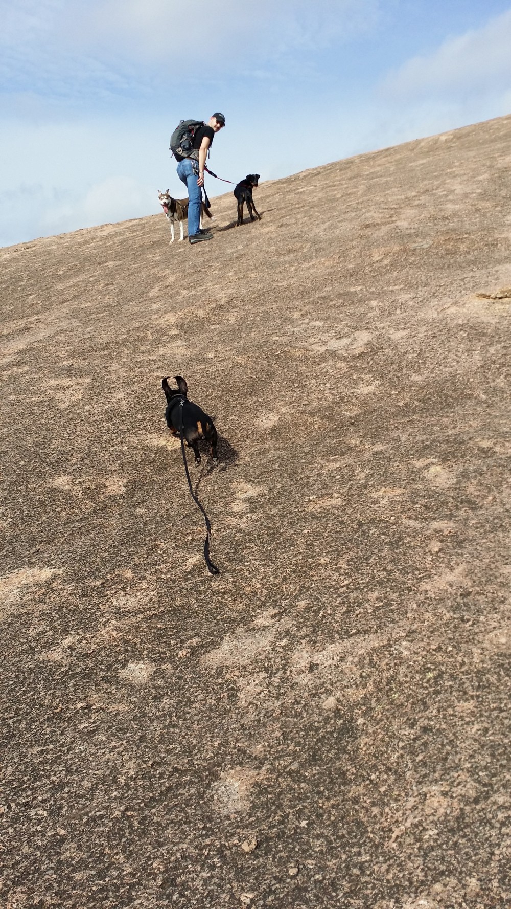 Thom and the dogs going up Enchanted Rock.